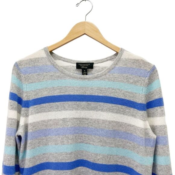 NWT Charter Club 100% Cashmere Sweater Blue & Gray Striped Pullover Size Medium - Picture 7 of 15
